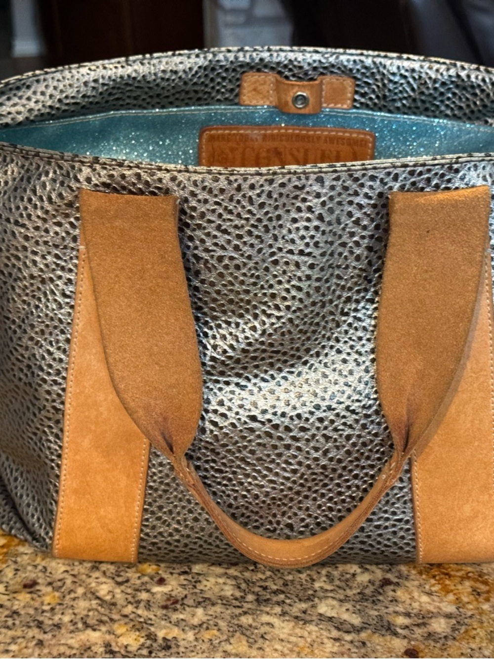 Consuela Gold Pebbled Tote with Tan Leather Handles